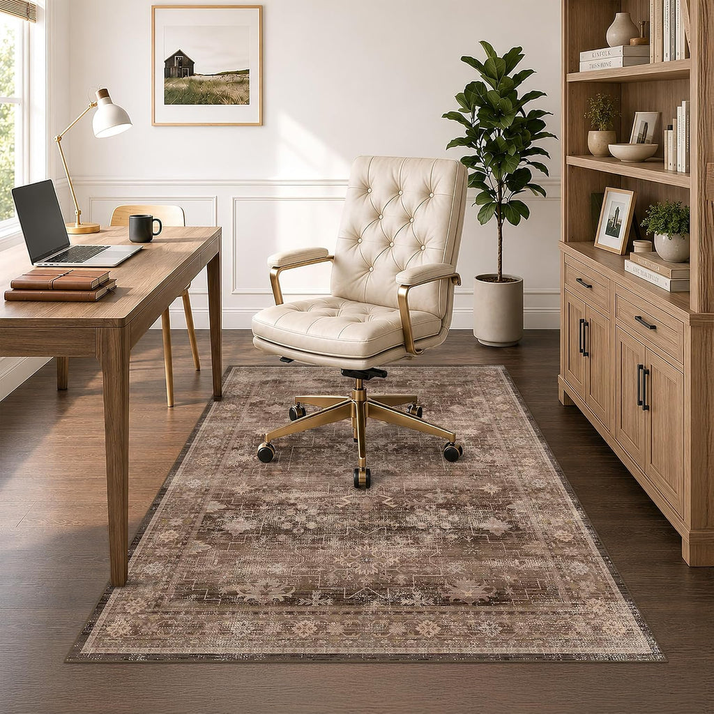 Office Chair Mat for Hardwood Floors, 60" x 72" Brown Boho Under Desk Rug, Ultra Soft Low Pile Floor Protector for Rolling Computer Chairs, Non Slip Easy Clean Desk Mat for Home Office
