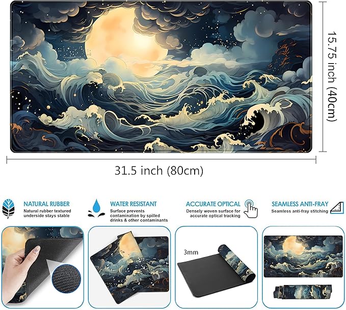 Full Moon Mousepad Cute Desk Mat Stormy Seas XXL Large Extended Gaming Mouse - Image 3