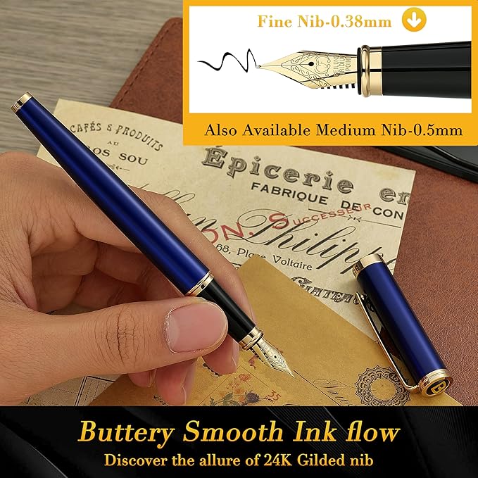 BEILUNER Blue Personalized Fountain Pen, Stunning Luxury Lacquer, 24K Gilded Nib - Image 4