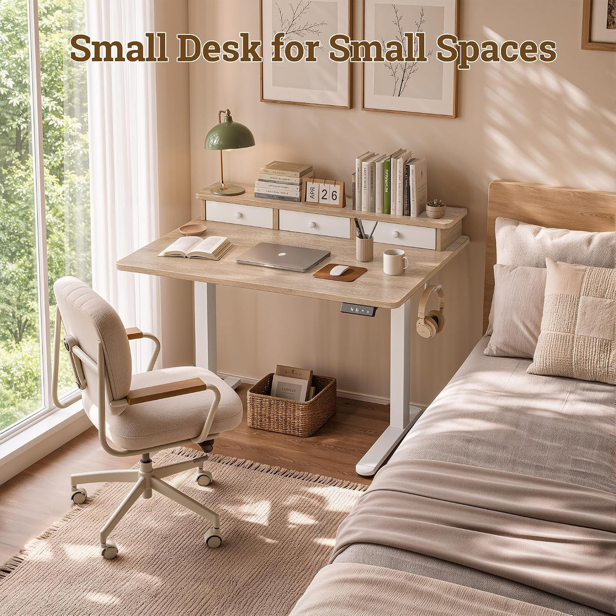 TIQLAB Small Standing Desk with 3 Drawers, 40" Computer Desk Girls, Maple