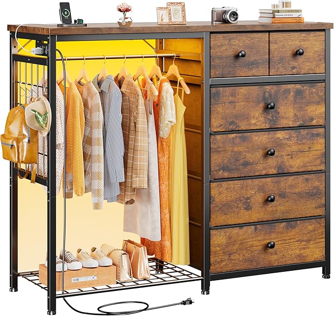 EnHomee 49.2" W Dresser with Hanging Rack & 6 Fabric Drawers – Wooden Top - Image 9