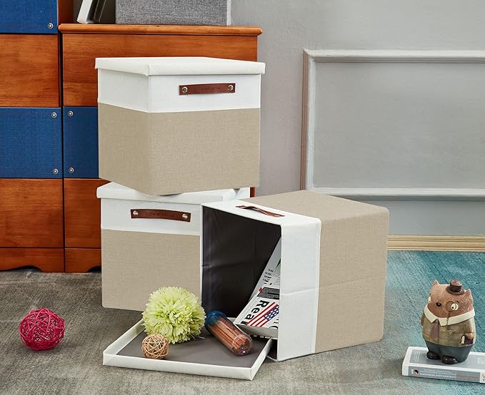 DECOMOMO Storage Basket with Lid, Storage Cubes with Handles, Fabric Box with - Image 7