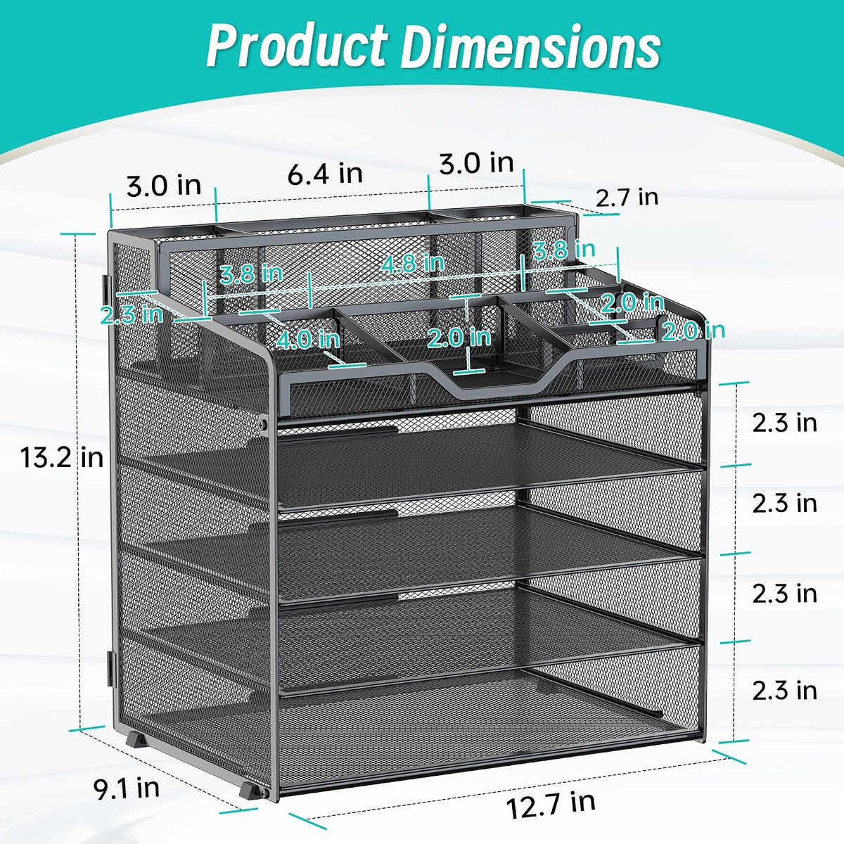 5 Tier Mesh Paper Desk Organizer with Pen Holders, Black