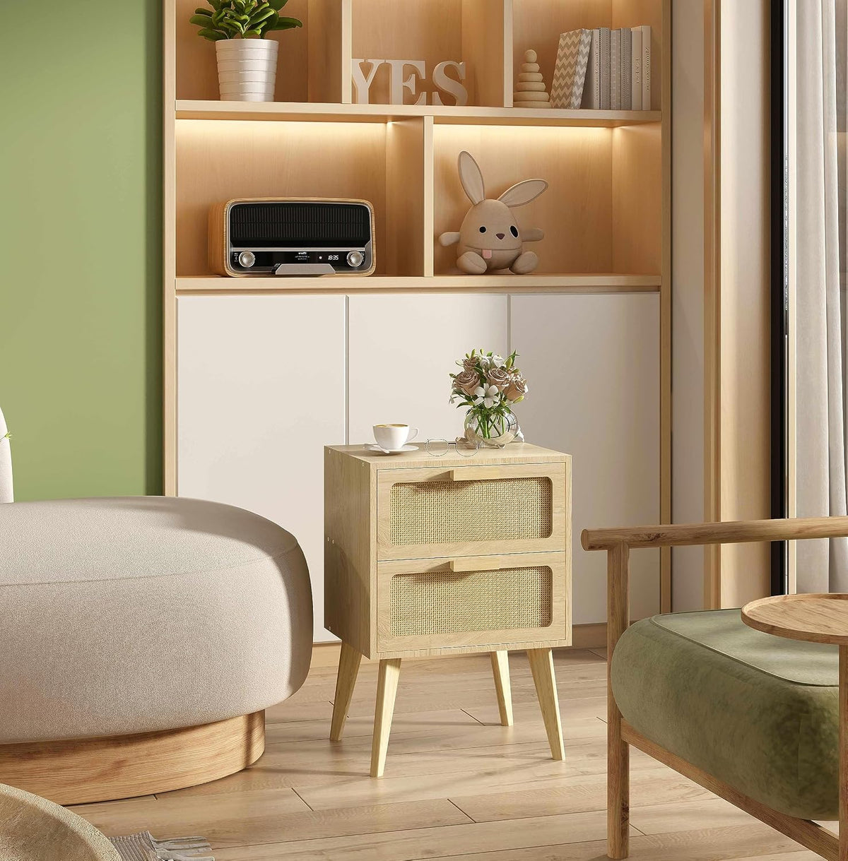 YAUKOMEL Rattan Nightstand, Natural End Table, Bedside Table