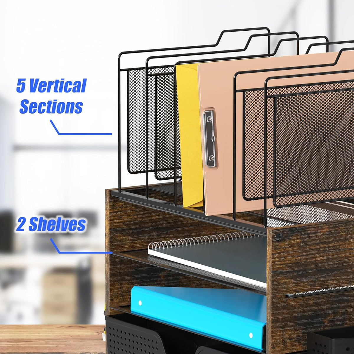 Simple Houseware Mesh Desk Organizer with Wooden Side Board, Rustic Brown