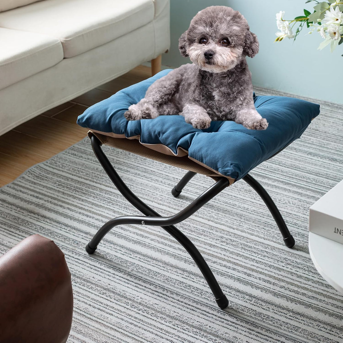 15" Upholstered Folding Foot Rest Stool with Foldable Metal Frame Sapphire