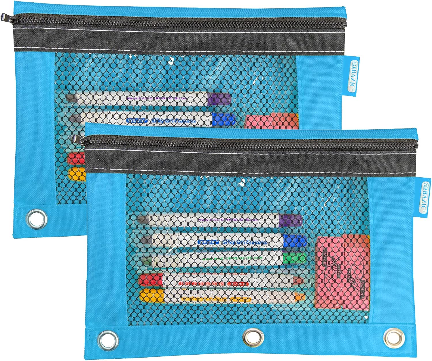BAZIC PRODUCTS Bright Color 3-Ring Pencil Pouch with Mesh Window, 2-Pack | clear mesh window and a zipper closure for pens; pencils; supplies