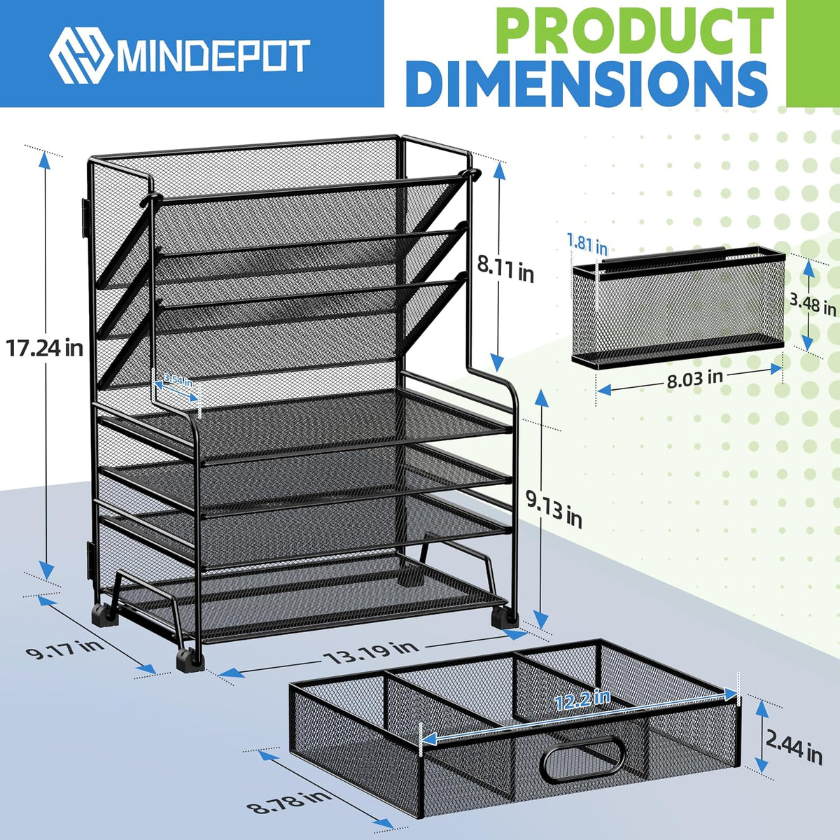 mindepot 4-tier paper organizer + 3-pocket file holder shown in use