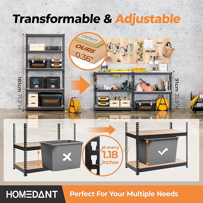 HOMEDANT 35.9" W 5 Tier Heavy Duty Garage Shelving Adjustable Metal Rack - Image 5