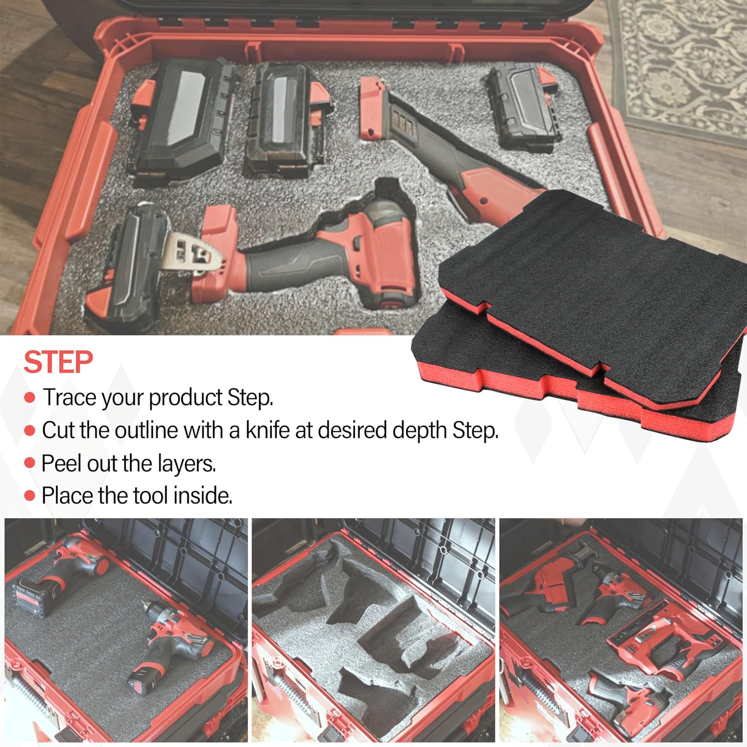 Foam Inserts Fits Milwau-kee Packout 48-22-8424 | Drawer foam tool box inserts 2 pcs Black/Red