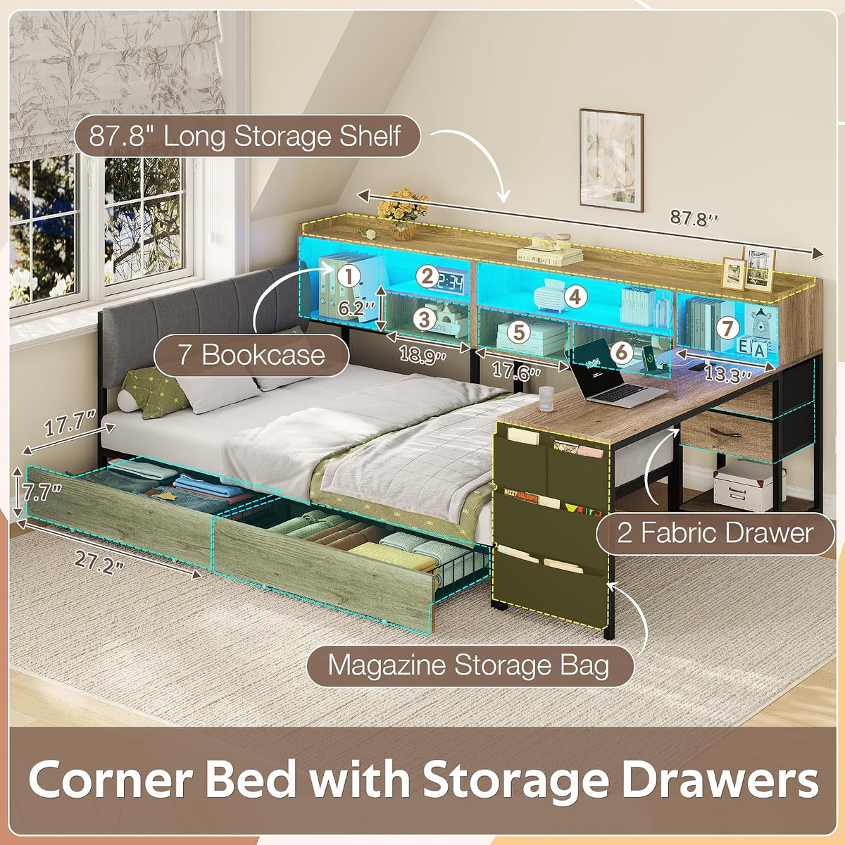 Dnxao Twin Corner Bed Frame with Storage & Desk for Small Rooms, Oak Gray