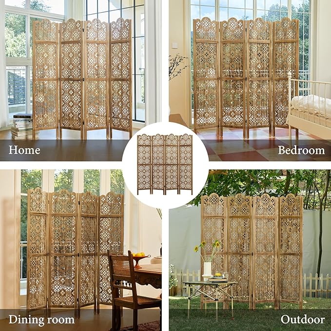 68.9Inch Folding Room Divider, 4 Panels Wood Carved Privacy Screens - Image 8