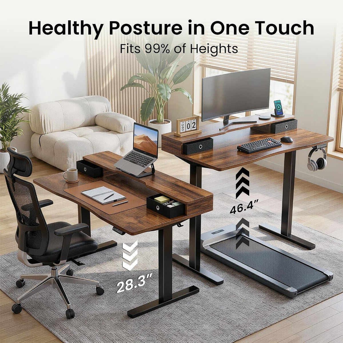 Realbear 48x24 Inch Electric Standing Desk with Drawers, Rustic Walnut