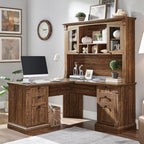 OKD 60" Farmhouse Desk Hutch, Glass Door Storage Cabinet, Rustic Brown | Office Desk Storage Cabinet with Shelves, Top Hutch Organizer for Home Office
