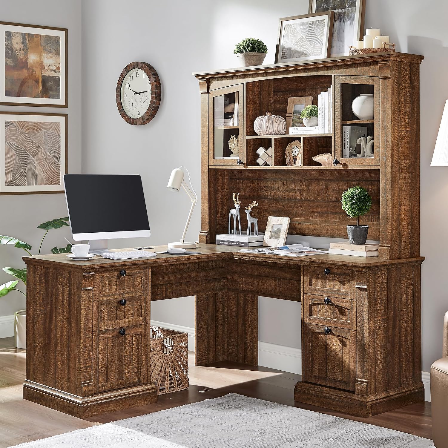 OKD 60" Farmhouse Desk Hutch, Glass Door Storage Cabinet, Rustic Brown | Office Desk Storage Cabinet with Shelves, Top Hutch Organizer for Home Office