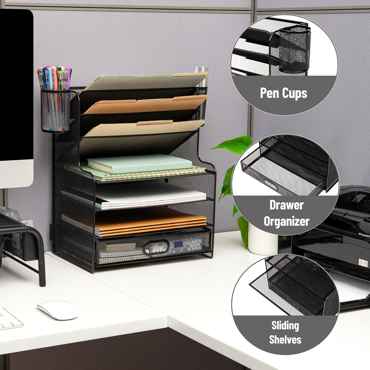 Mind Reader Mesh Desk Organizer, 6 Compartments, 1 Drawer, 2 Pen Cups, Office...