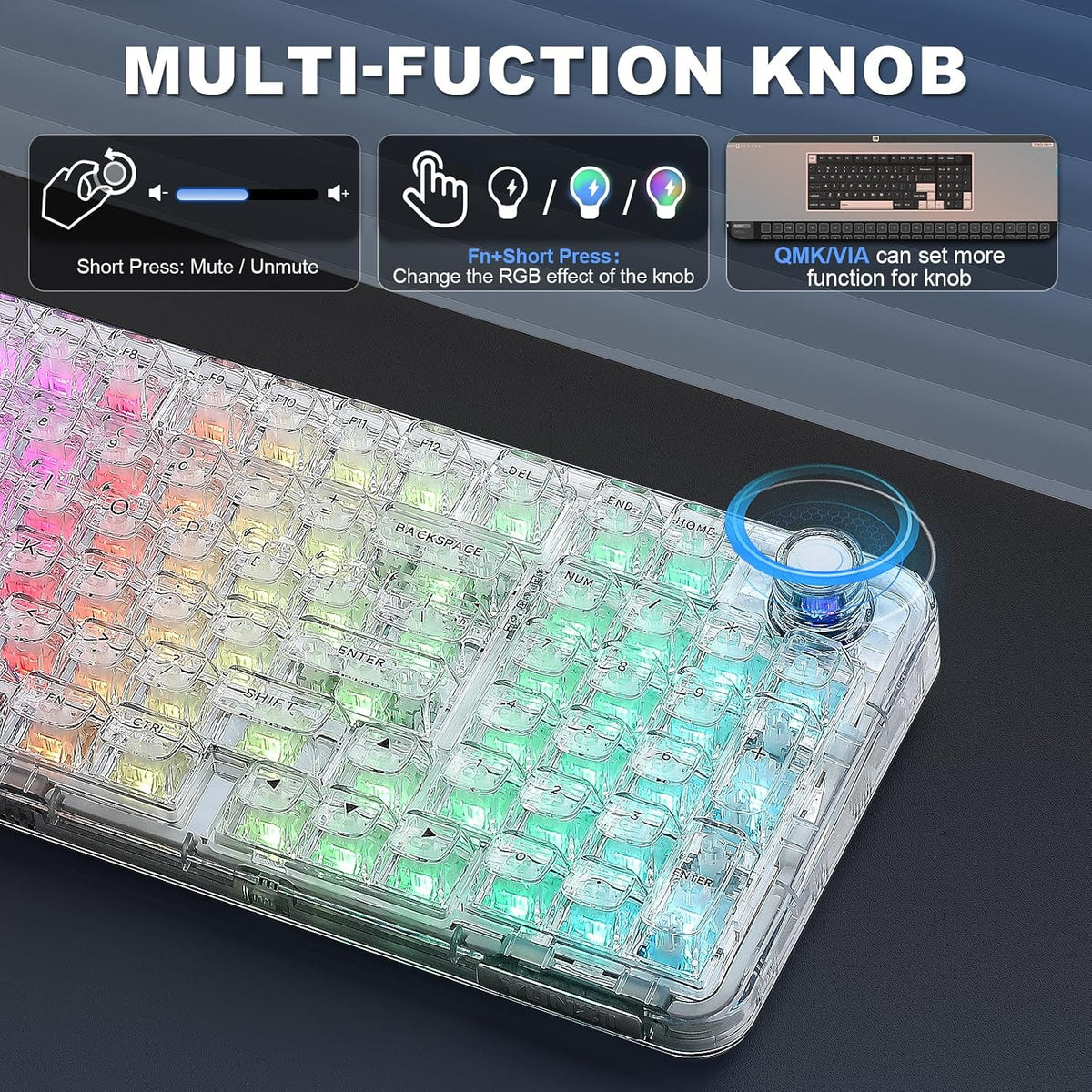 YUNZII X98 Clear Wireless Mechanical Keyboard with Knob (White,Snow Switch)