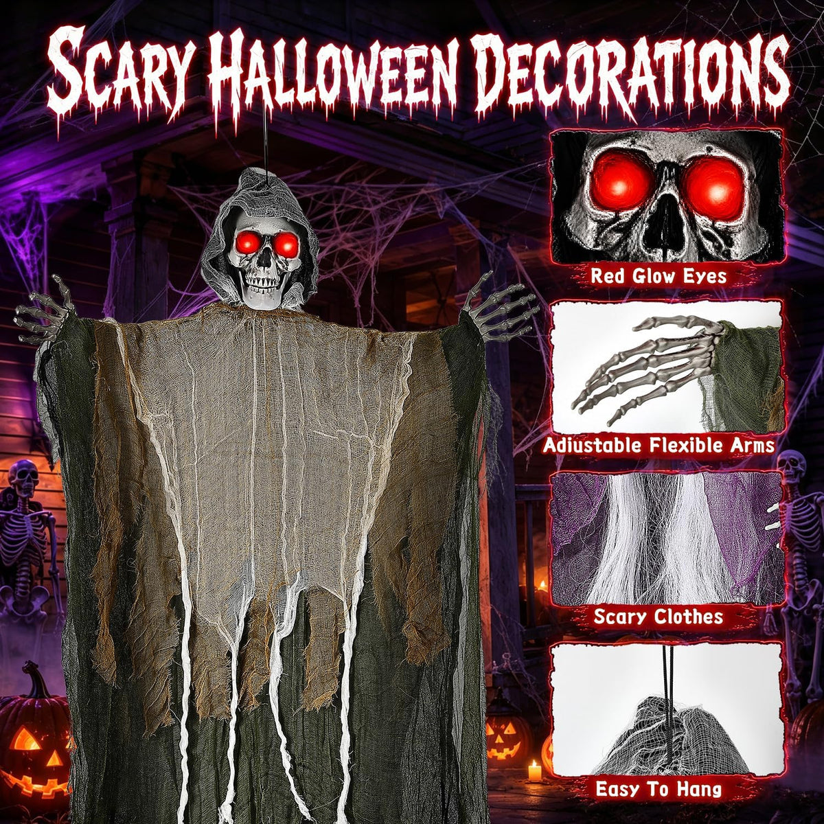 3PCS Scary Hanging Ghosts with Glowing Eyes, Light-Up Halloween Ghost Decorat...
