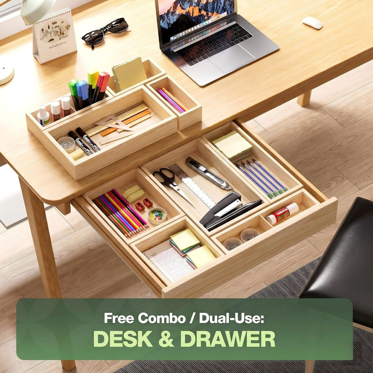 9-Pack Solid Wood Junk Drawer Organizer, Modular Desk Drawer Tray & Acces...