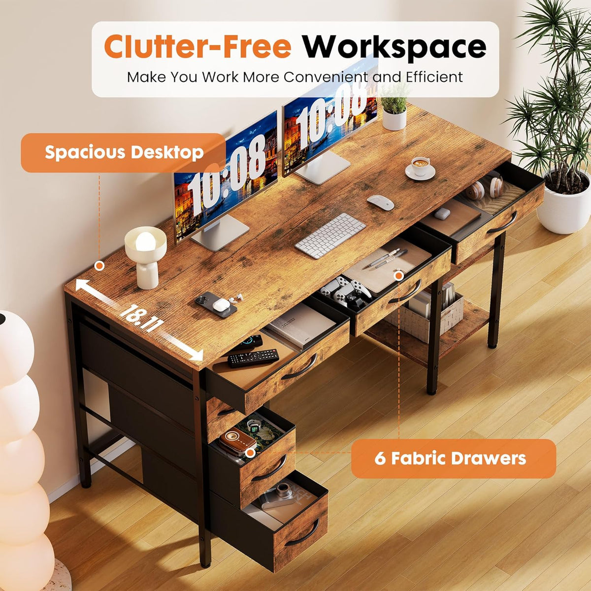 Sweetcrispy 55" Computer Desk with 6 Fabric Drawers & Storage Shelves