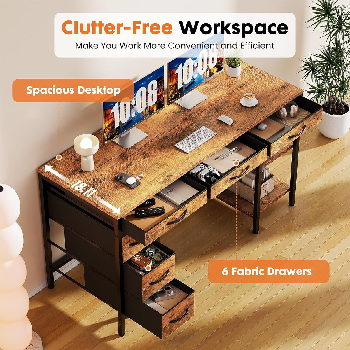 Sweetcrispy 47" Computer Desk with 6 Fabric Drawers & Storage Shelves
