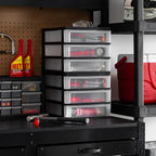 iris usa 2-pack, 3-drawer medium plastic stacking desktop shown in use