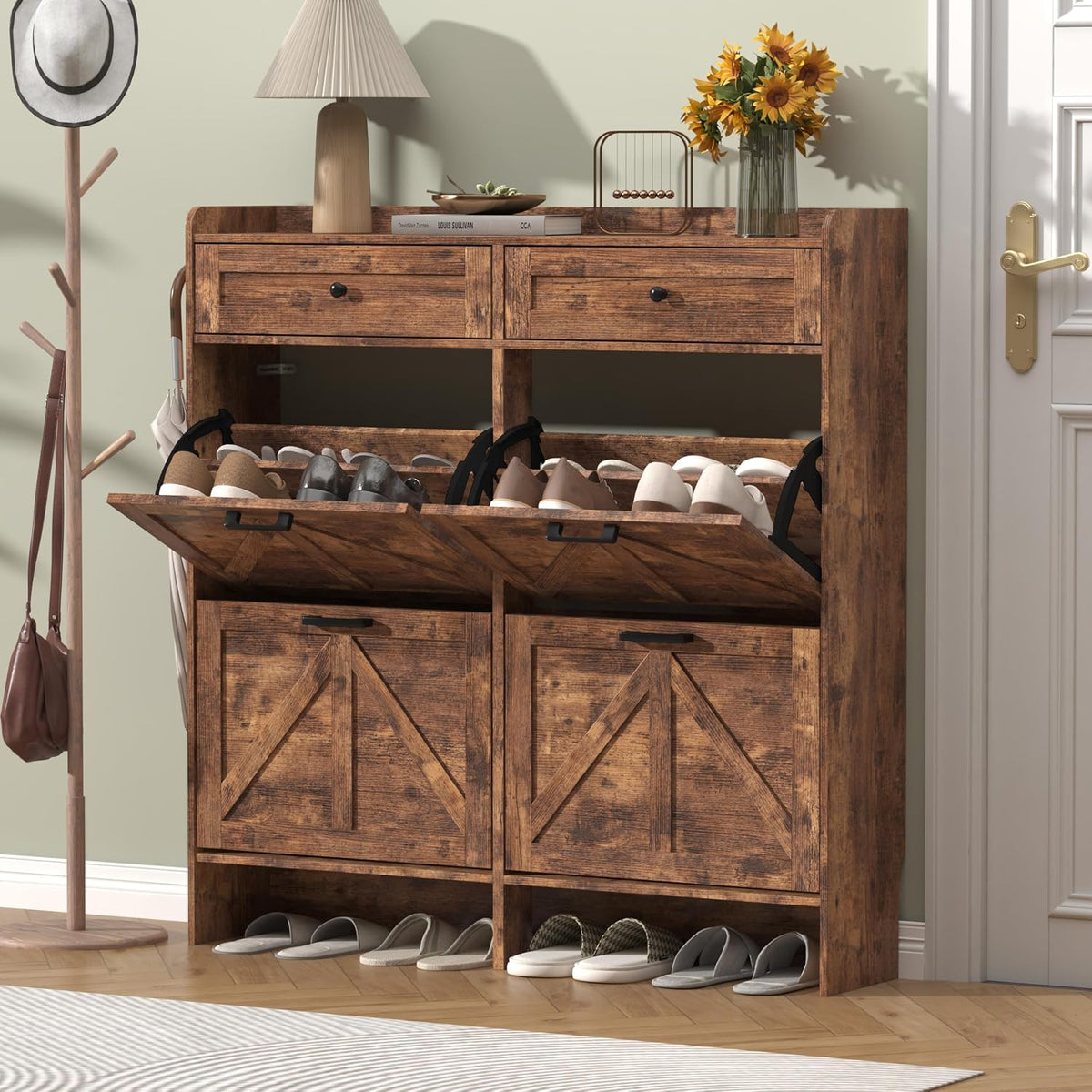 Thacuok Shoe Cabinet with 4 Flip Drawers & 2 Storage Drawers, Rustic Farm...