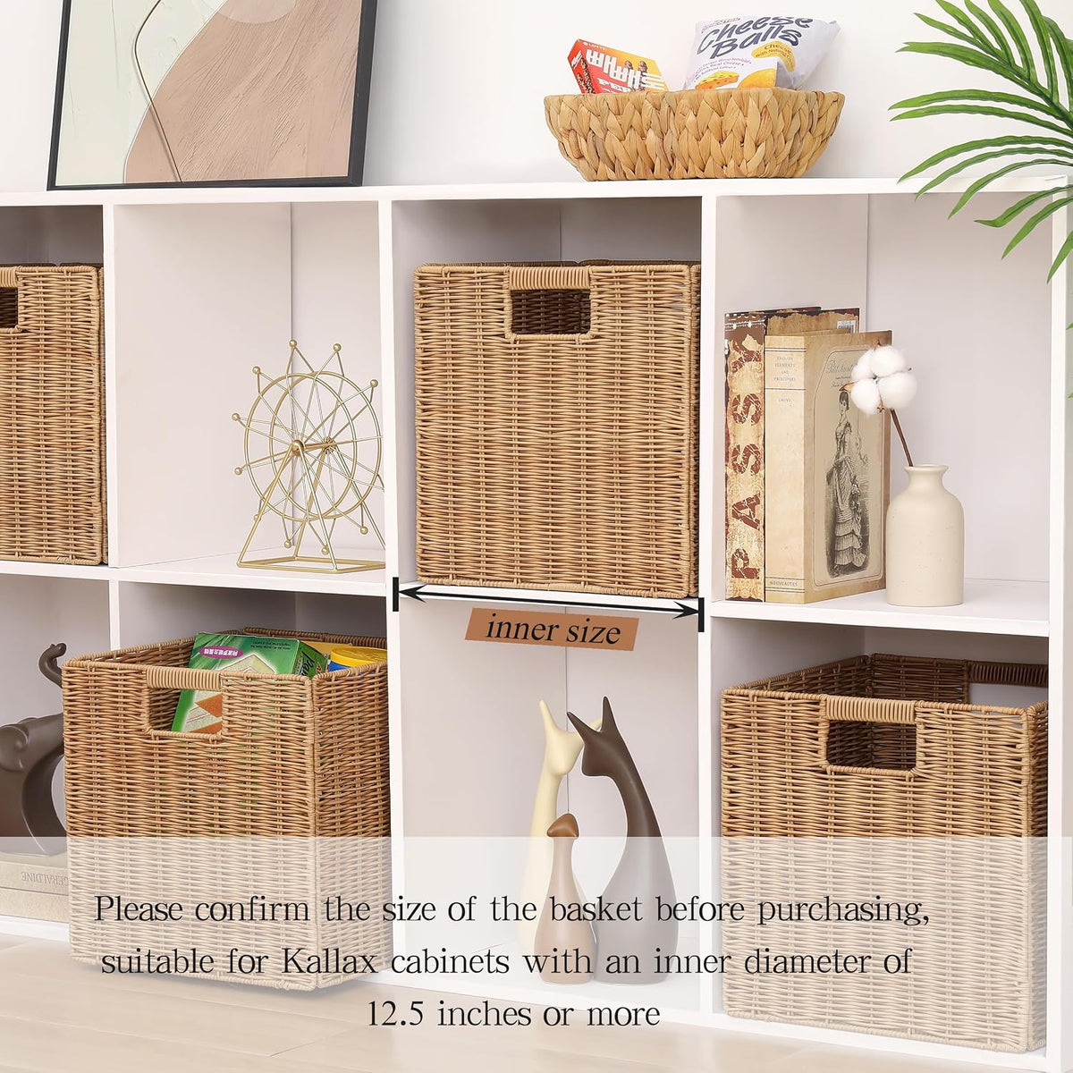 12x12inch Plastic Wicker Cube Baskets Large Foldable Handwoven,4 Pack,Khaki