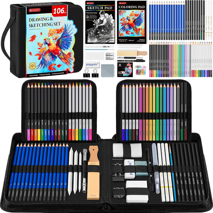 106 Pack Drawing Set Sketching Kit, Pro Art Supplies Sketch Pencils Set