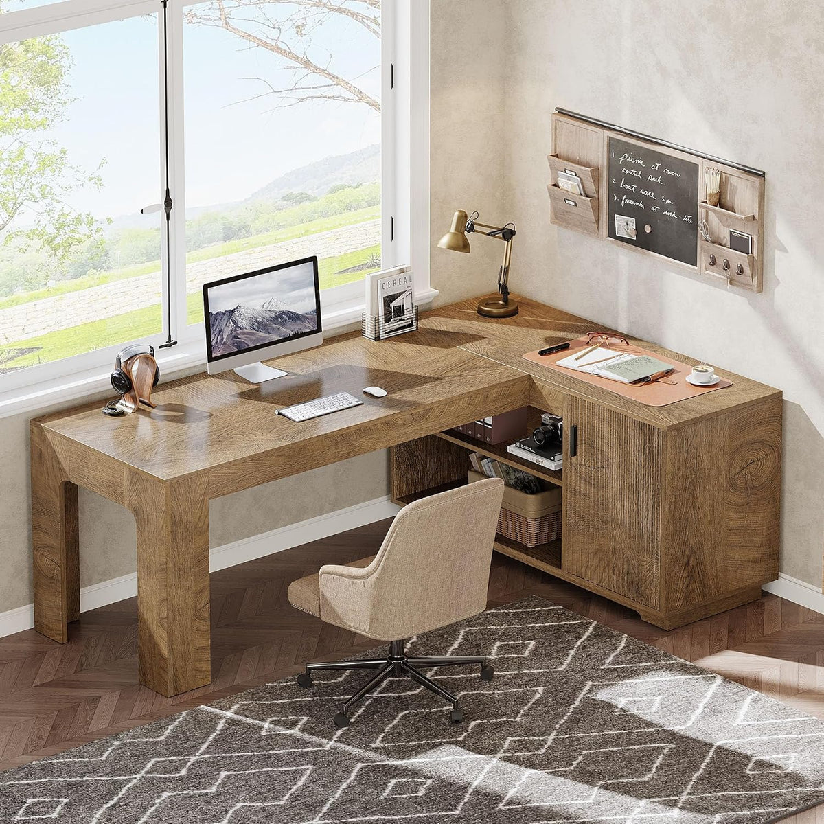 Tribesigns L-Shaped Desk with Storage Cabinet, 59-Inch Farmhouse Corner Compu...