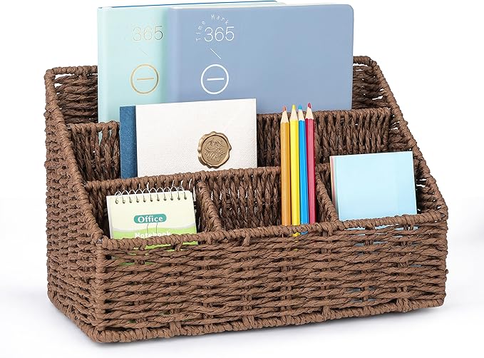 DINGTAI Rattan Desk Organizer, Tabletop Mail Holder, 5 Slot Mail Organizer by DINGTAI