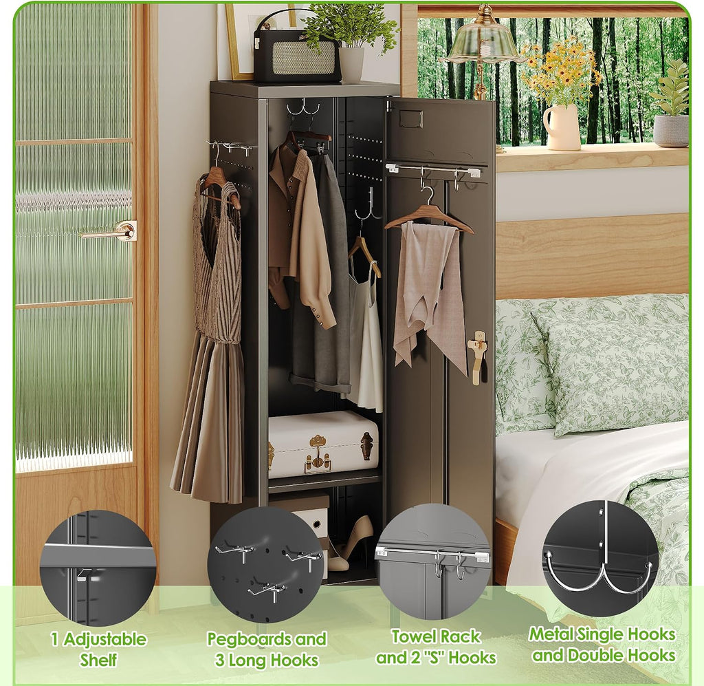 54" H Lockable Metal Storage Lockers with, Steel Locker Cabinet with Metal Hooks and 1 Adjustable Shelf for Home, School,Office, Assembly Required, Black