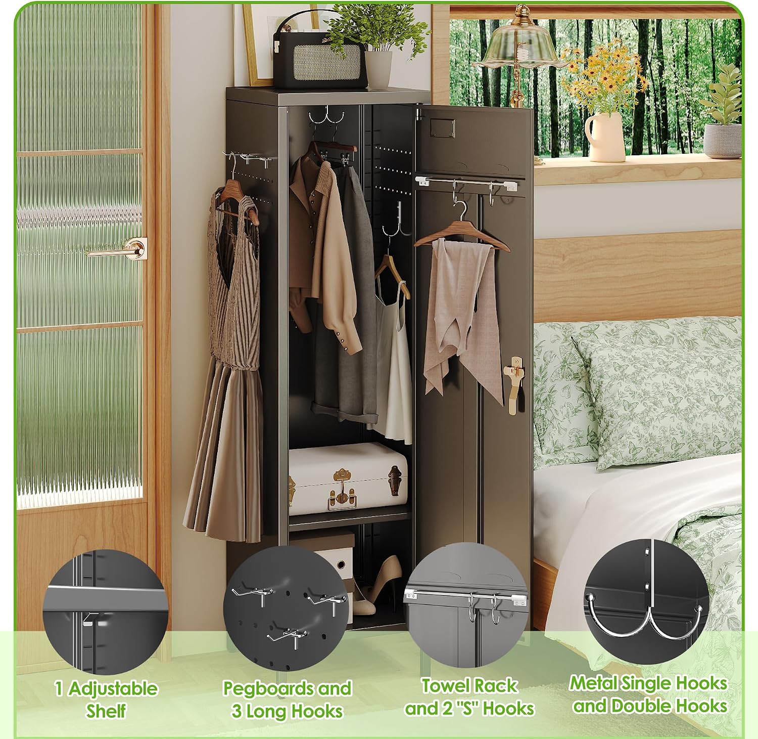 54" H Lockable Metal Storage Lockers with, Steel Locker Cabinet with Metal Hooks and 1 Adjustable Shelf for Home, School,Office, Assembly Required, Black