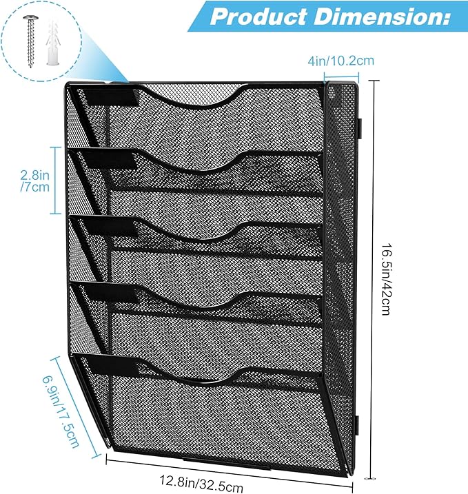 Solinxe Wall Hanging File Holder 5 Pocket Wall Mounted Paper Organizer Magazine - Image 8