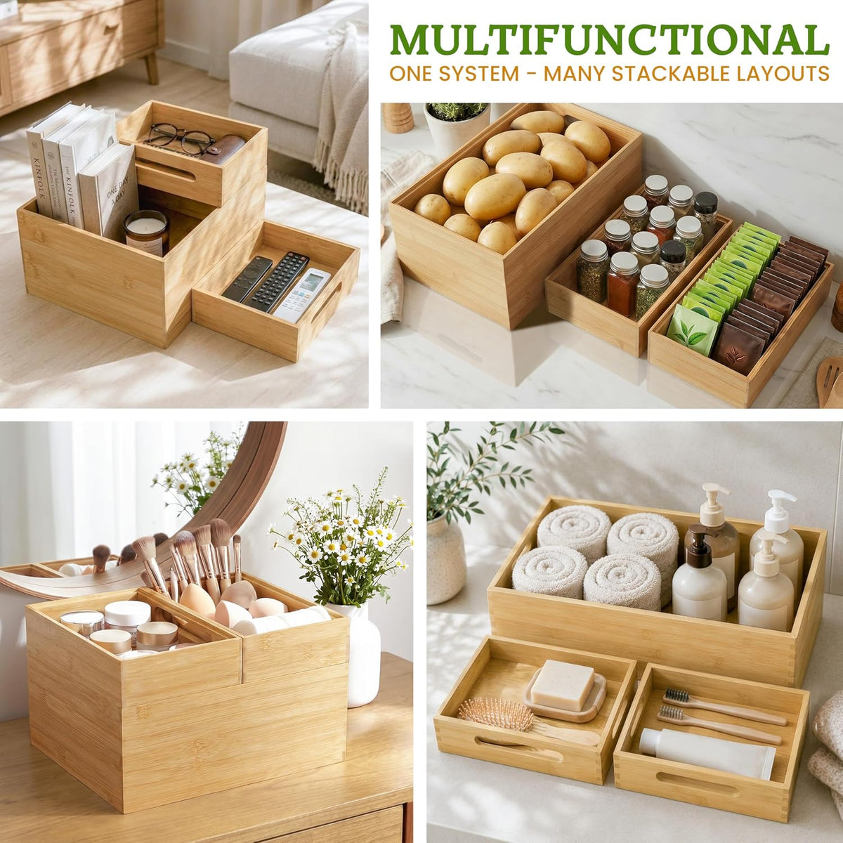 HOMESTEAD 3-Piece Stackable Bamboo Storage Box, Large Storage Bin, Wooden Box...