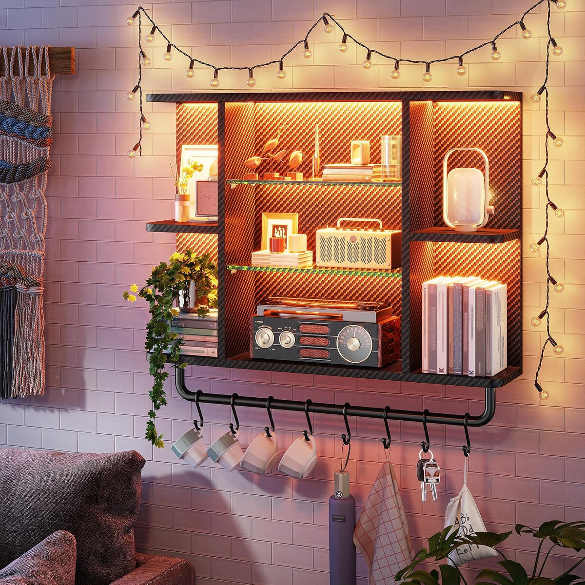 REIBII 34" Gaming Floating Shelves, LED Wall Mounted Shelf with Adjustab...