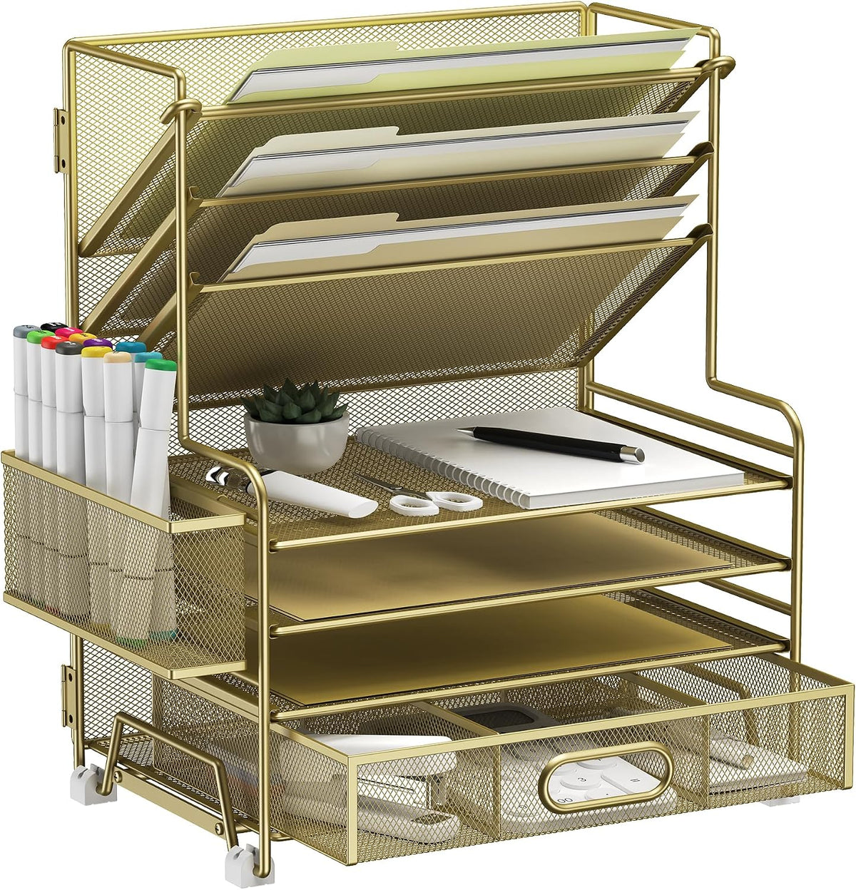 MINDEPOT 4-Tier Paper Organizer + 3-Pocket File Holder + Drawer + Pen Holders...