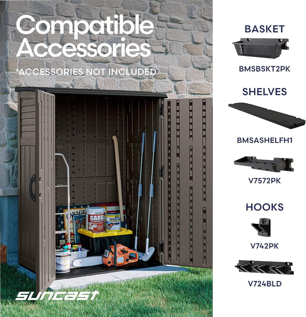 suncast 54 cu ft medium vertical storage shed, front angle view