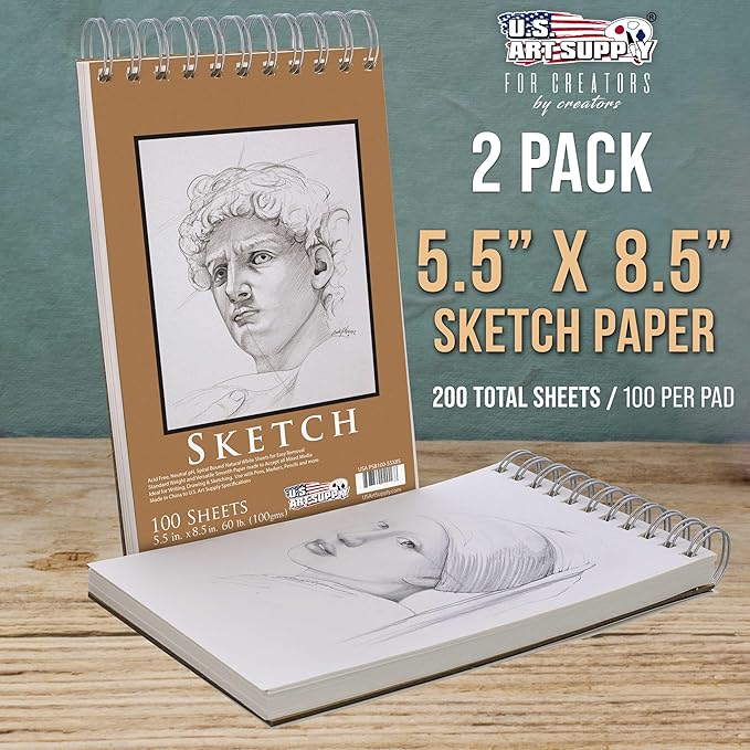 U.S. Art Supply 5.5"x8.5" Top Spiral Bound Sketch Book, 2 Pack, 100 Sheets Each - Image 2