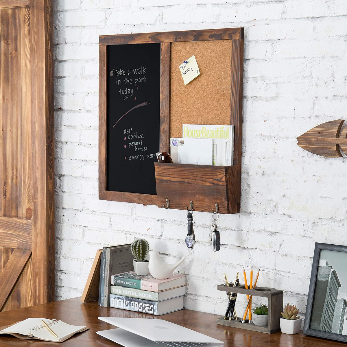 MyGift Rustic Dark Brown Wood Wall-Mounted Chalkboard with Cork Board, Mail S...