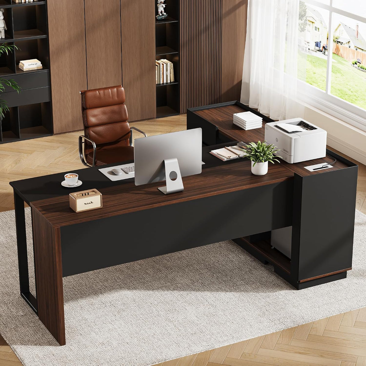 70" Executive Desk with Cabinet Storage, L-Shaped Office Desk with 3 Dra...