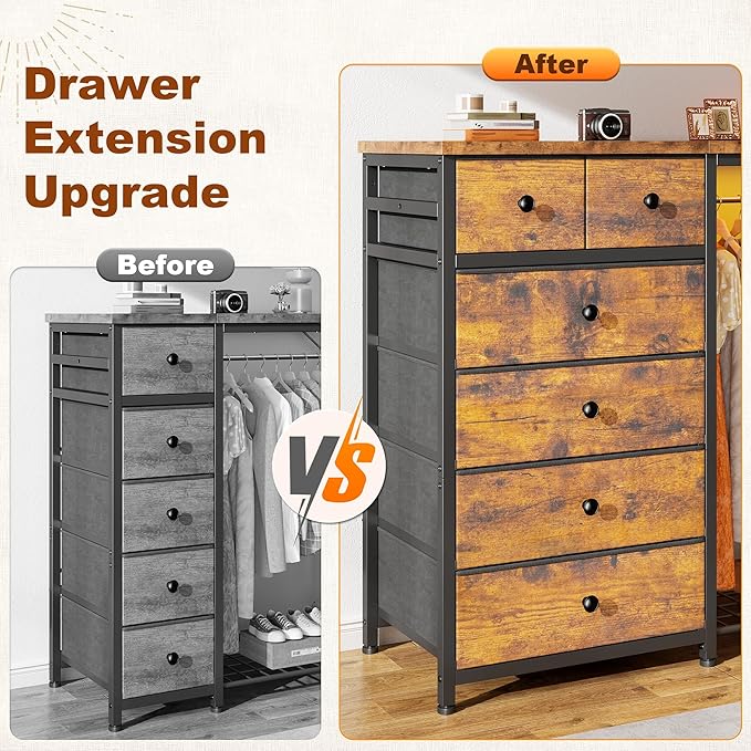 EnHomee 49.2" W Dresser with Hanging Rack & 6 Fabric Drawers – Wooden Top - Image 7