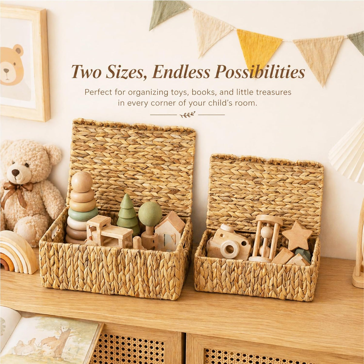 Set of 2 Rectangle Scalloped Edge Wicker Storage Basket with Lid
