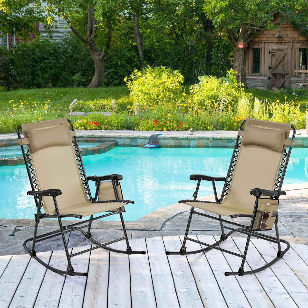 Yaheetech Patio Rocking Chair Folding Camping Chair with Pocket, Beige