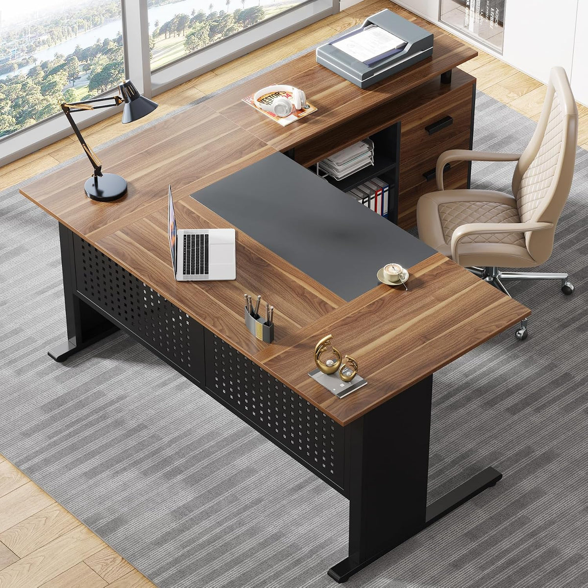 Tribesigns 63 Inch Executive Desk with File Cabinet, L Shaped Office Desk