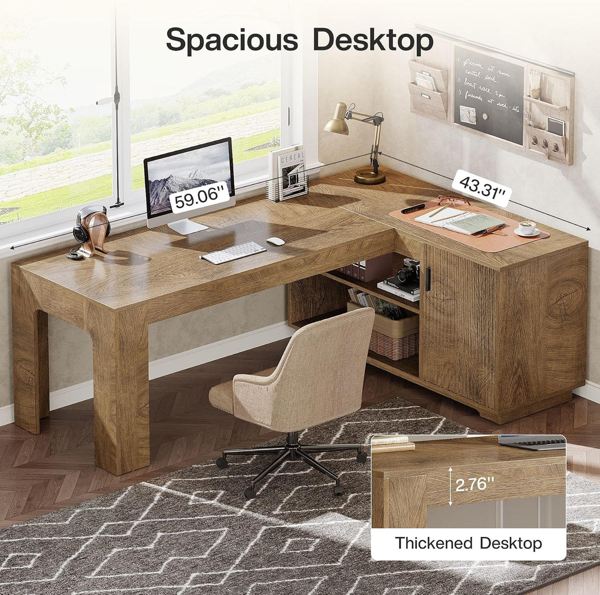 Tribesigns L-Shaped Desk with Storage Cabinet, 59-Inch Farmhouse Corner Compu...