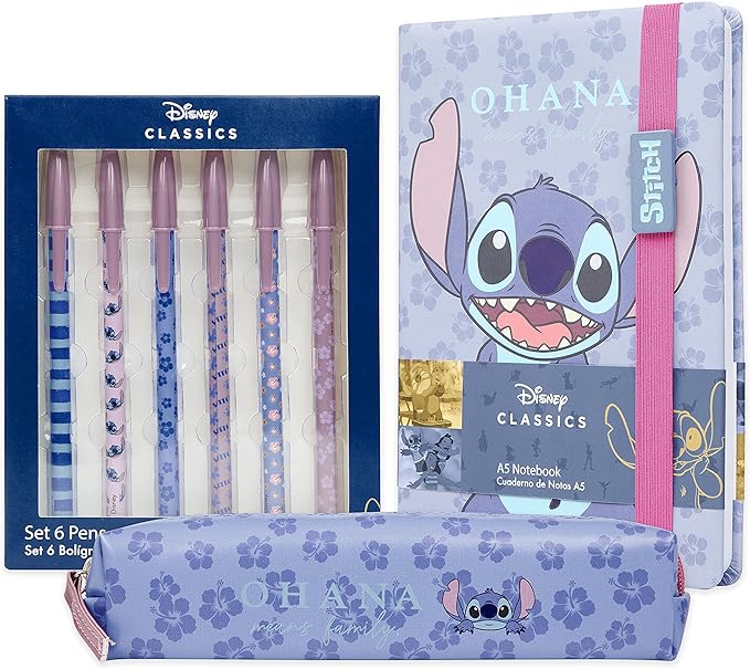 Disney Stitch Stationery Supplies Set Notebook Pencil Case & Ballpoint Pens or by Disney