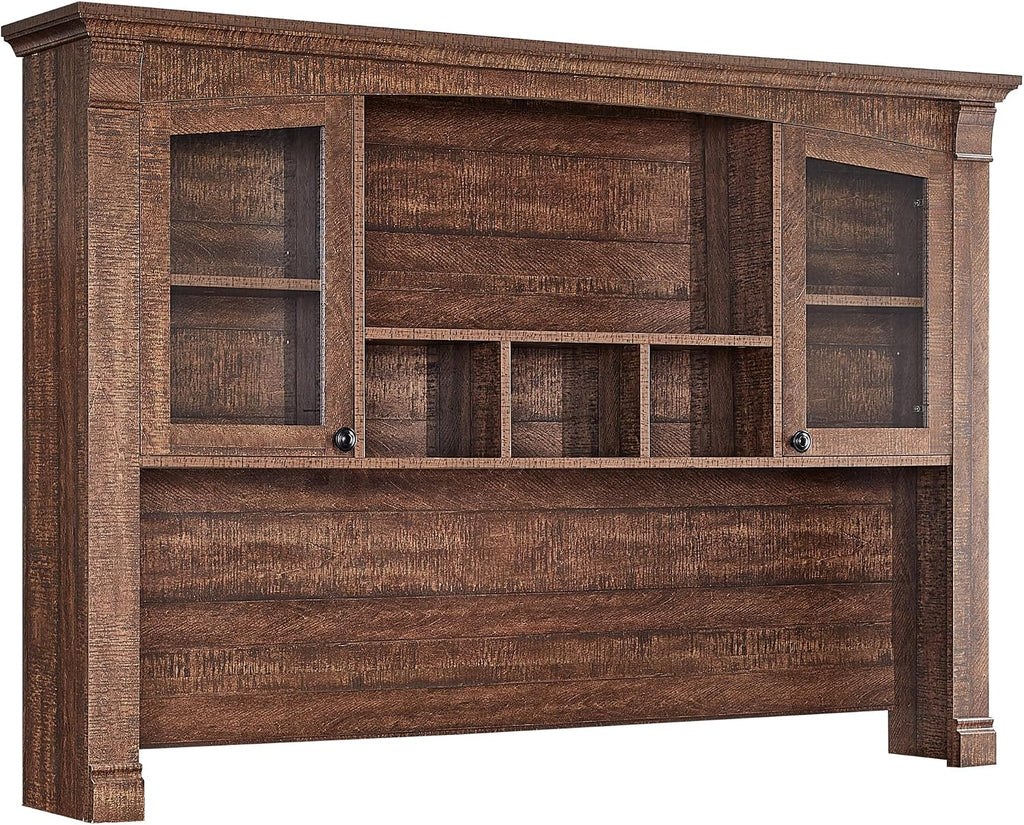 OKD 60" Farmhouse Desk Hutch, Glass Door Storage Cabinet, Rustic Brown | Office Desk Storage Cabinet with Shelves, Top Hutch Organizer for Home Office