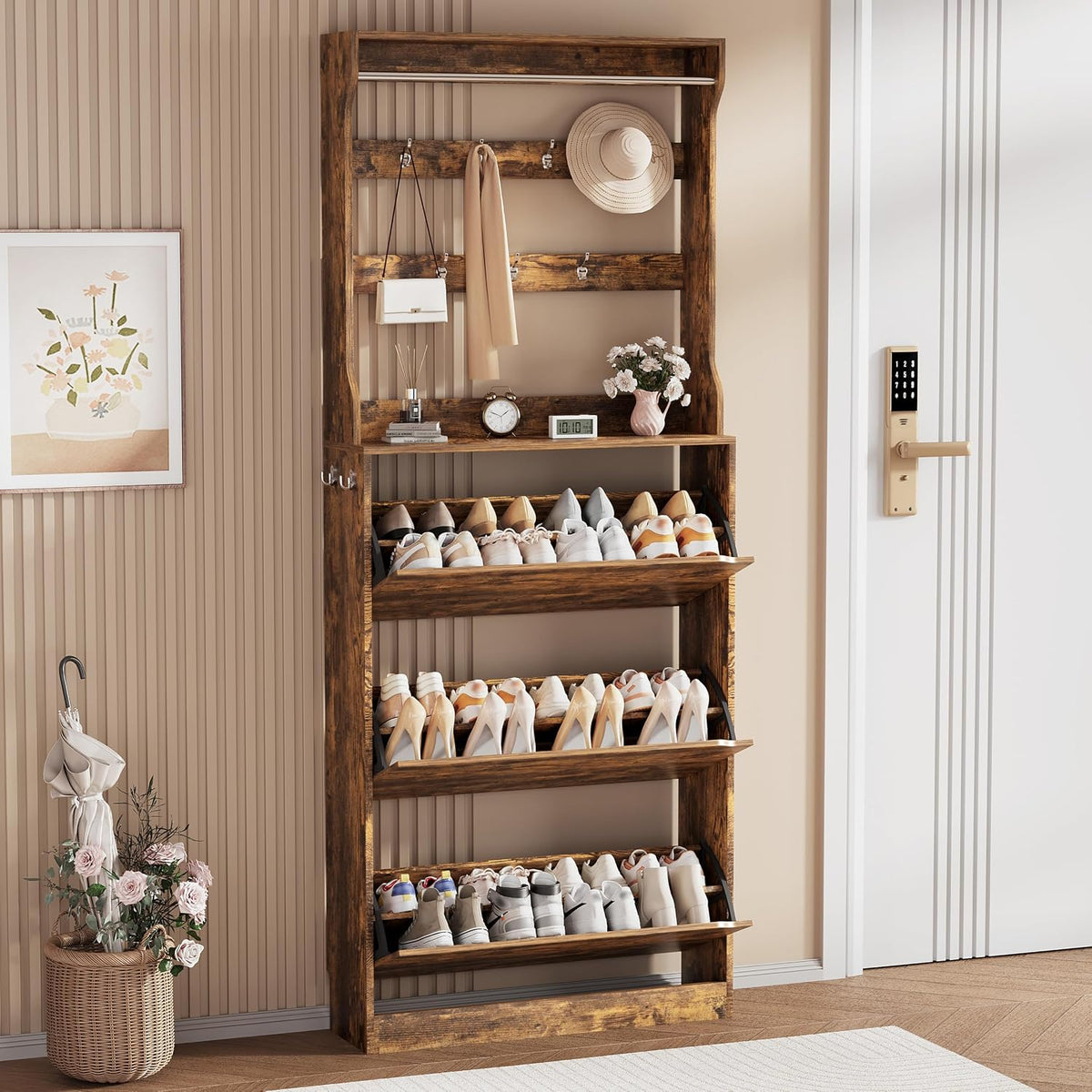 Brown Hidden Shoe Cabinet with 3 Flip Drawers & Coat Rack, Entryway