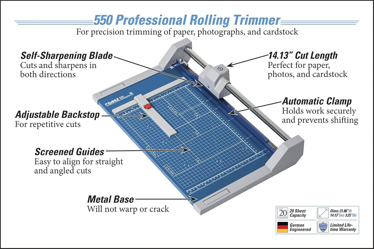 Dahle 550 Professional Rolling Trimmer, 14-1/8" Cut Length, 20 Sheet Cap...